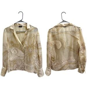 Akris Sheer Linen Silk Cotton Embroidered Abstract Boho Blouse Beige Gold Size 8